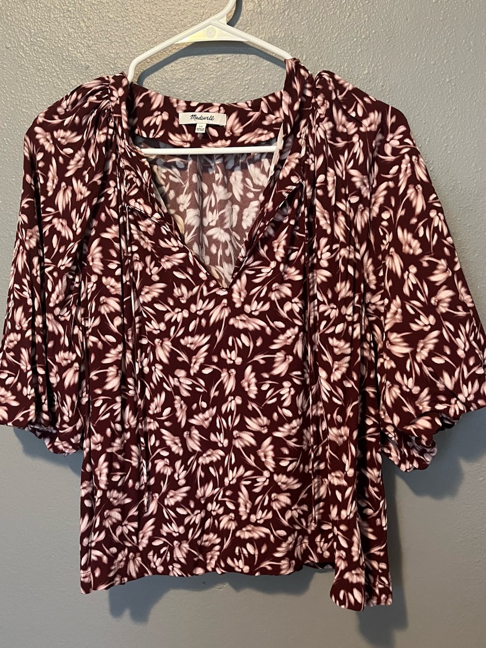 Madewell Burgundy Floral Tie-Neck V-Neck Blouse